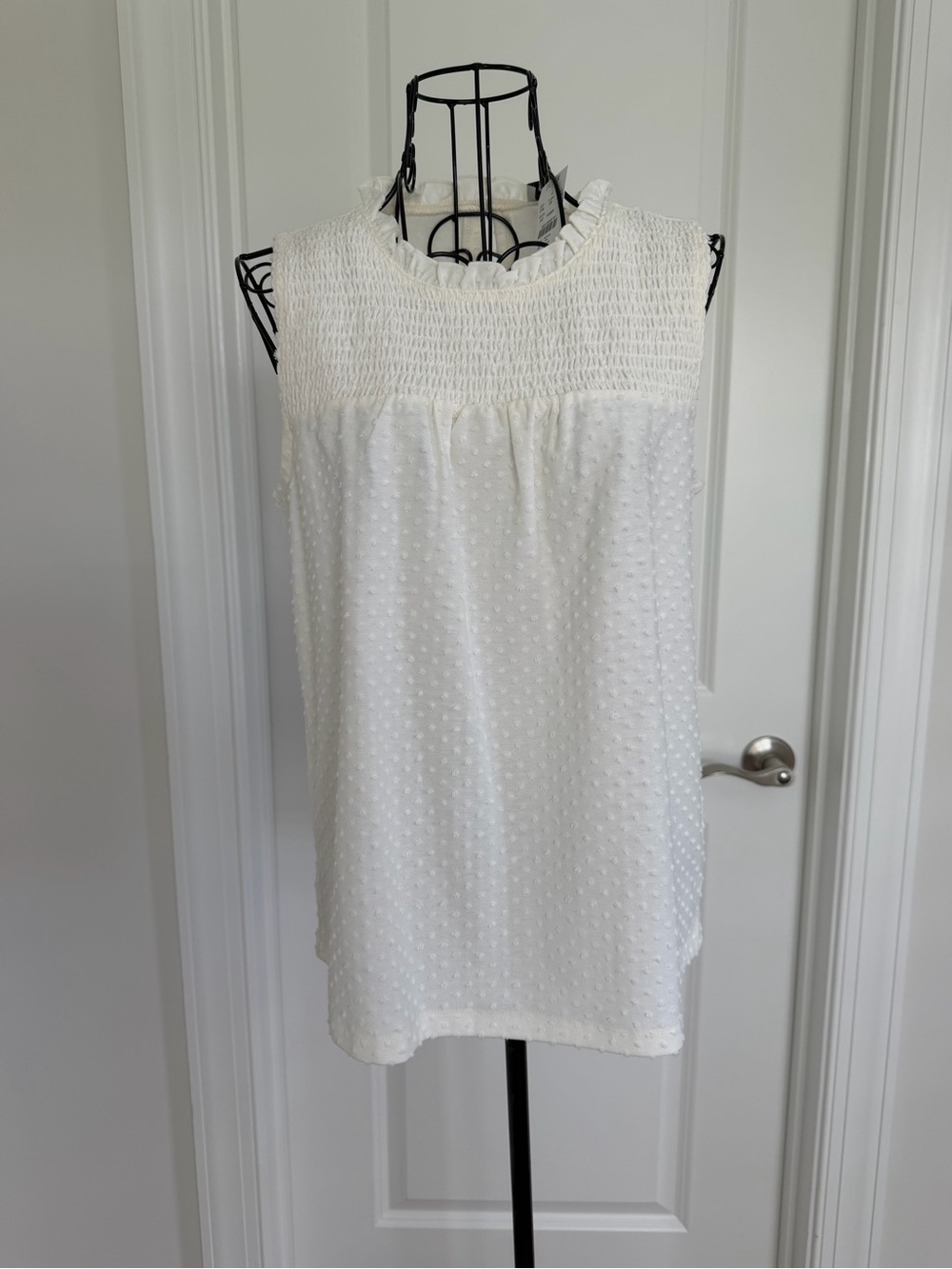 J. Crew White Swiss Dot Smocked Yoke Sleeveless Top